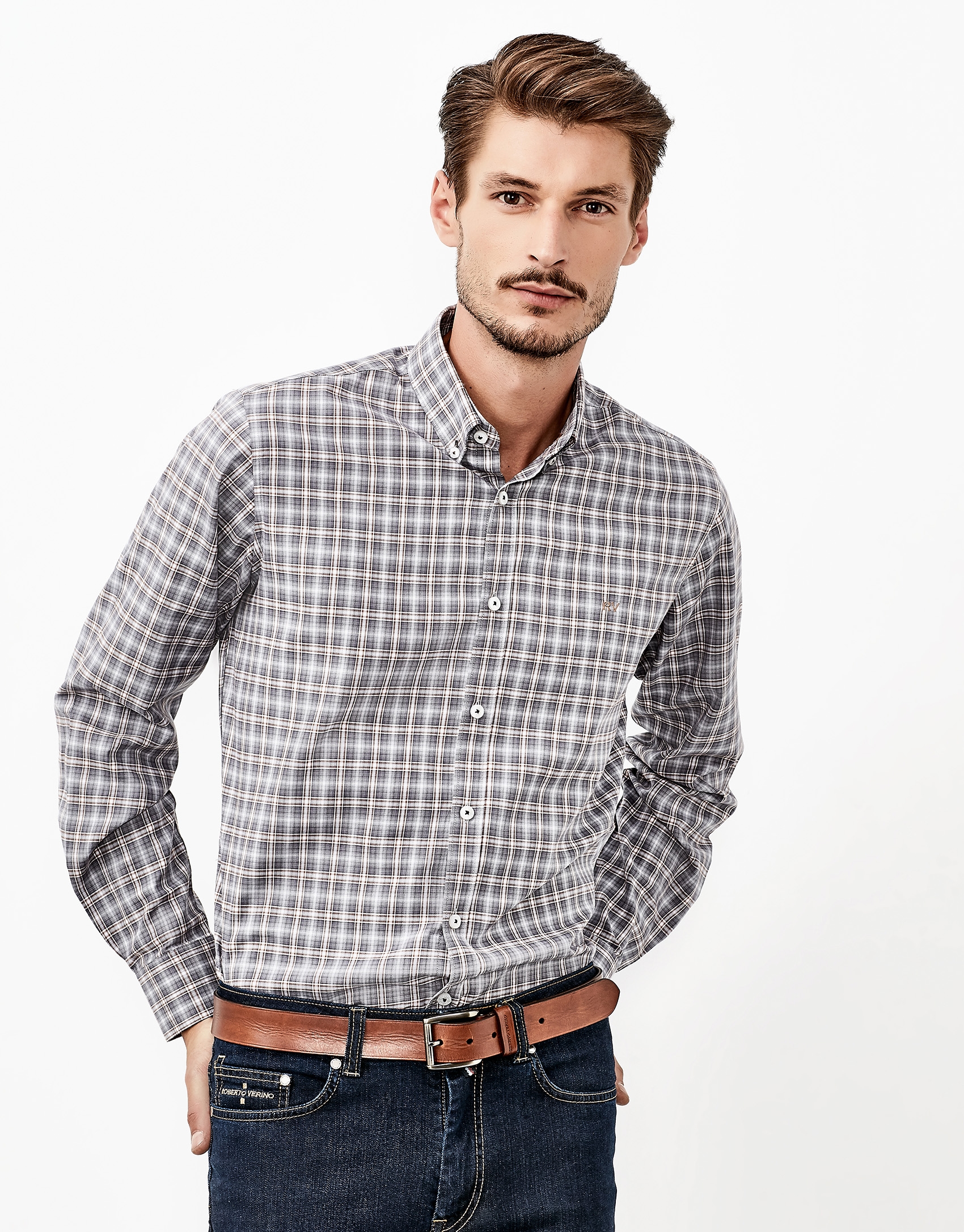 Gray and brown checked shirt