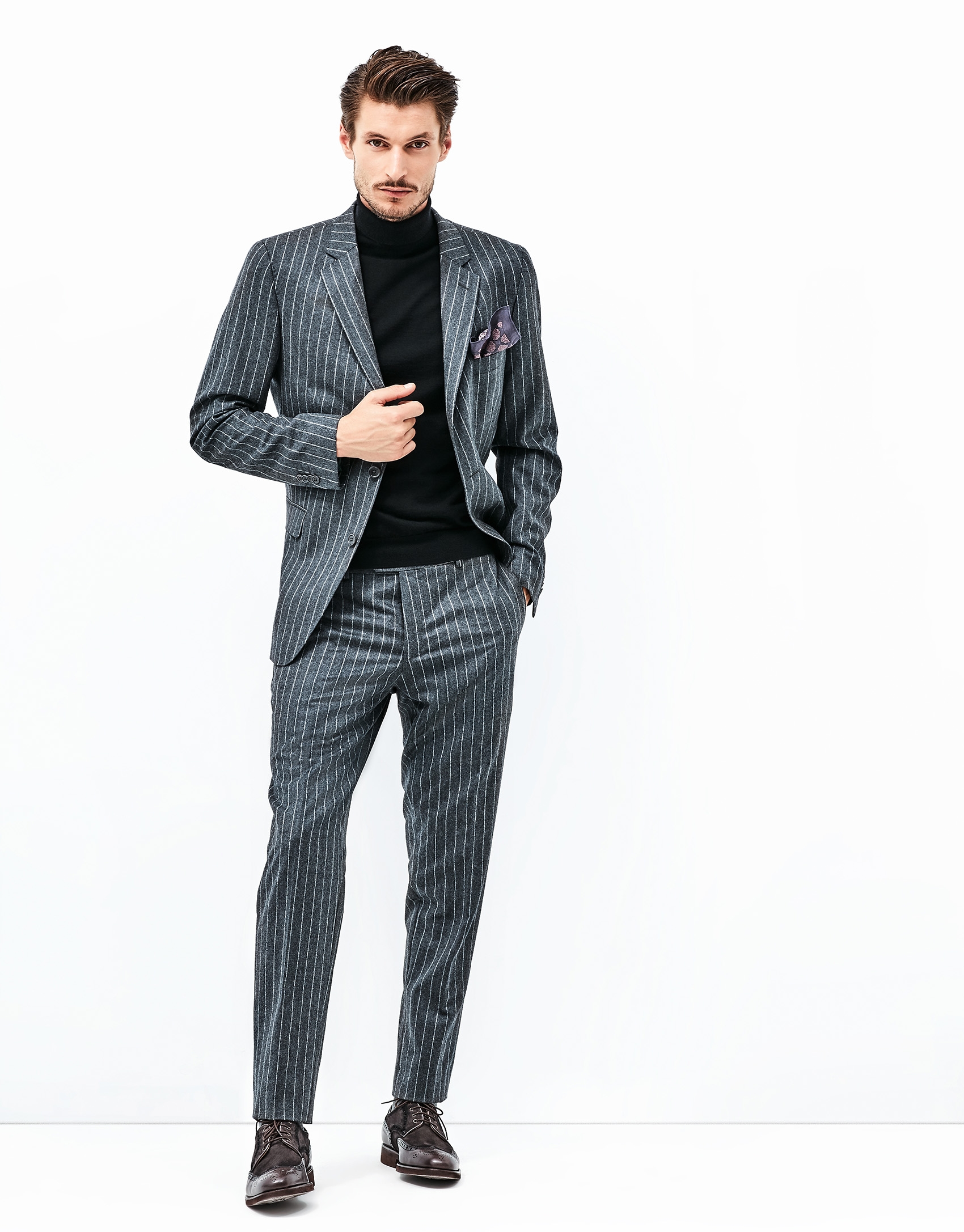 Gray pinstriped suit