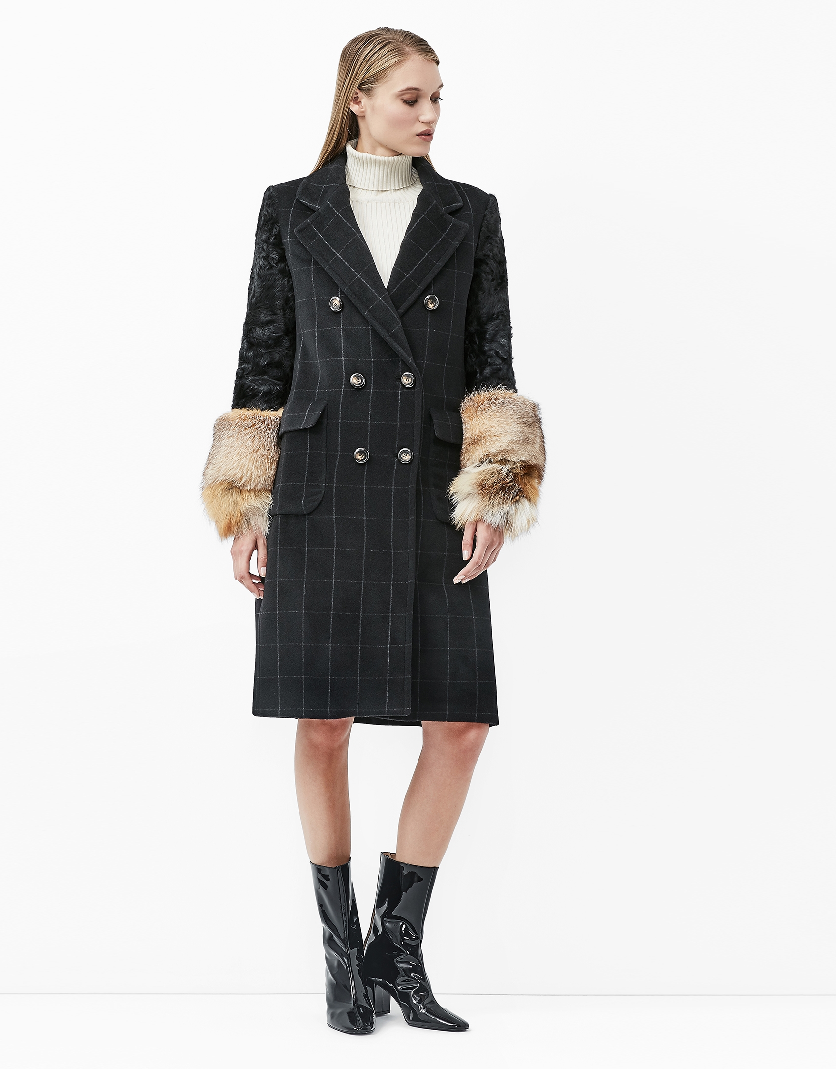 Black checked coat with fur sleeves