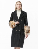 Black checked coat with fur sleeves