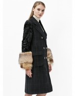 Black checked coat with fur sleeves