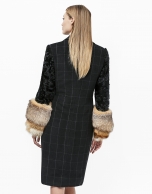 Black checked coat with fur sleeves