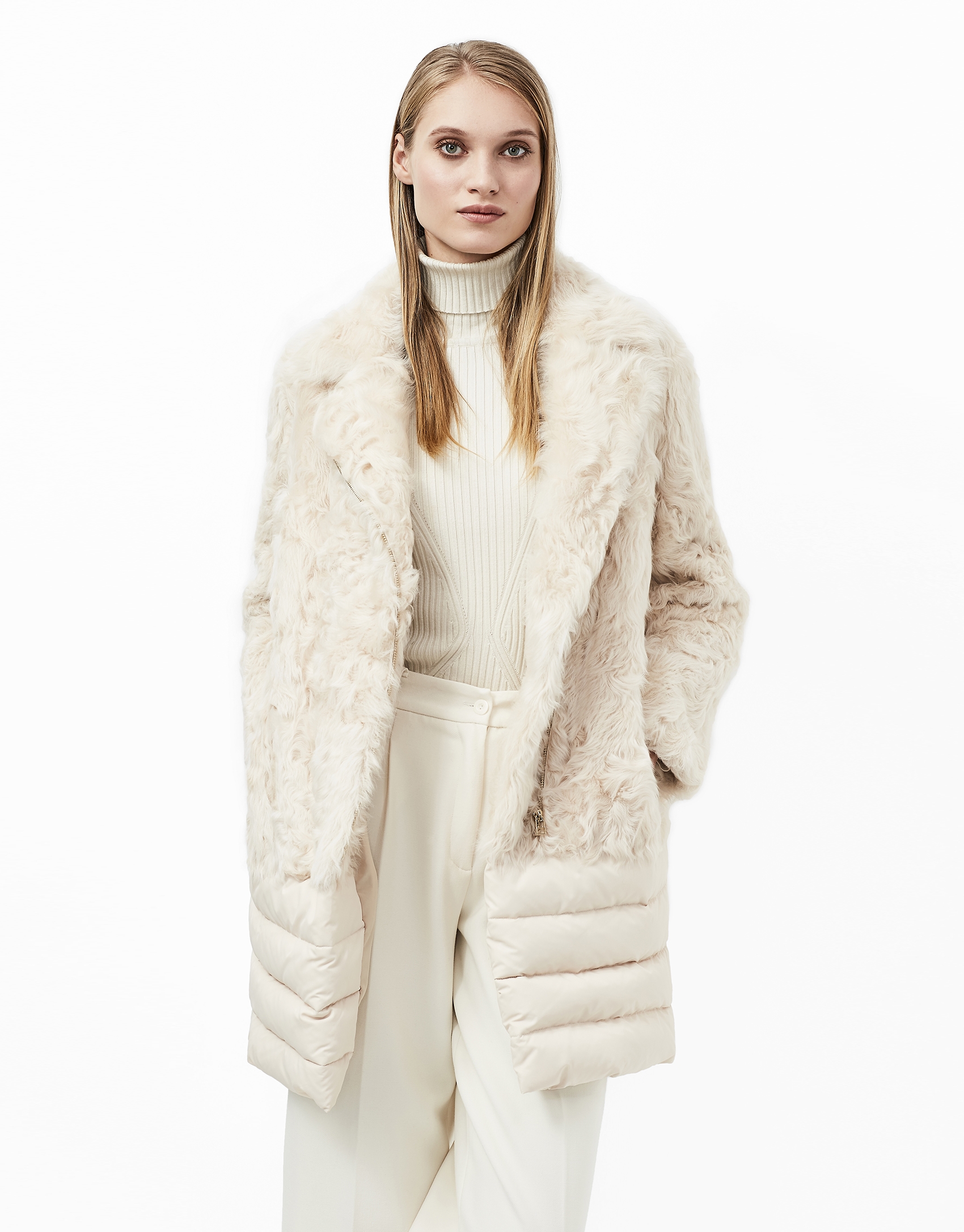 Beige fur and down quilted coat 