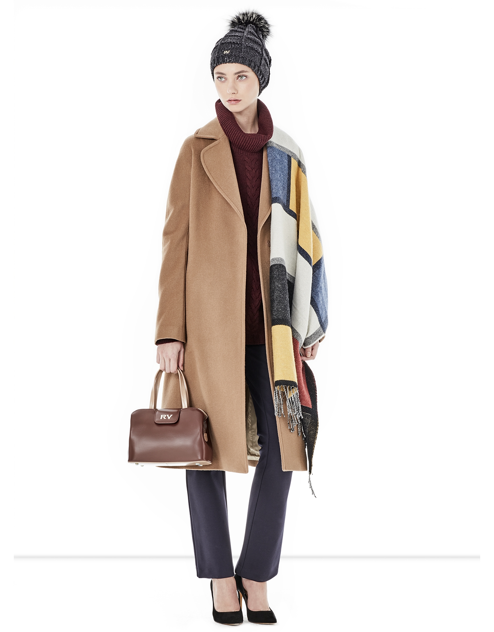 Long brown coat with belt. 