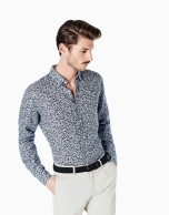 Navy blue floral print linen shirt