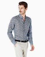 Navy blue floral print linen shirt