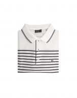 Navy blue and white striped polo shirt