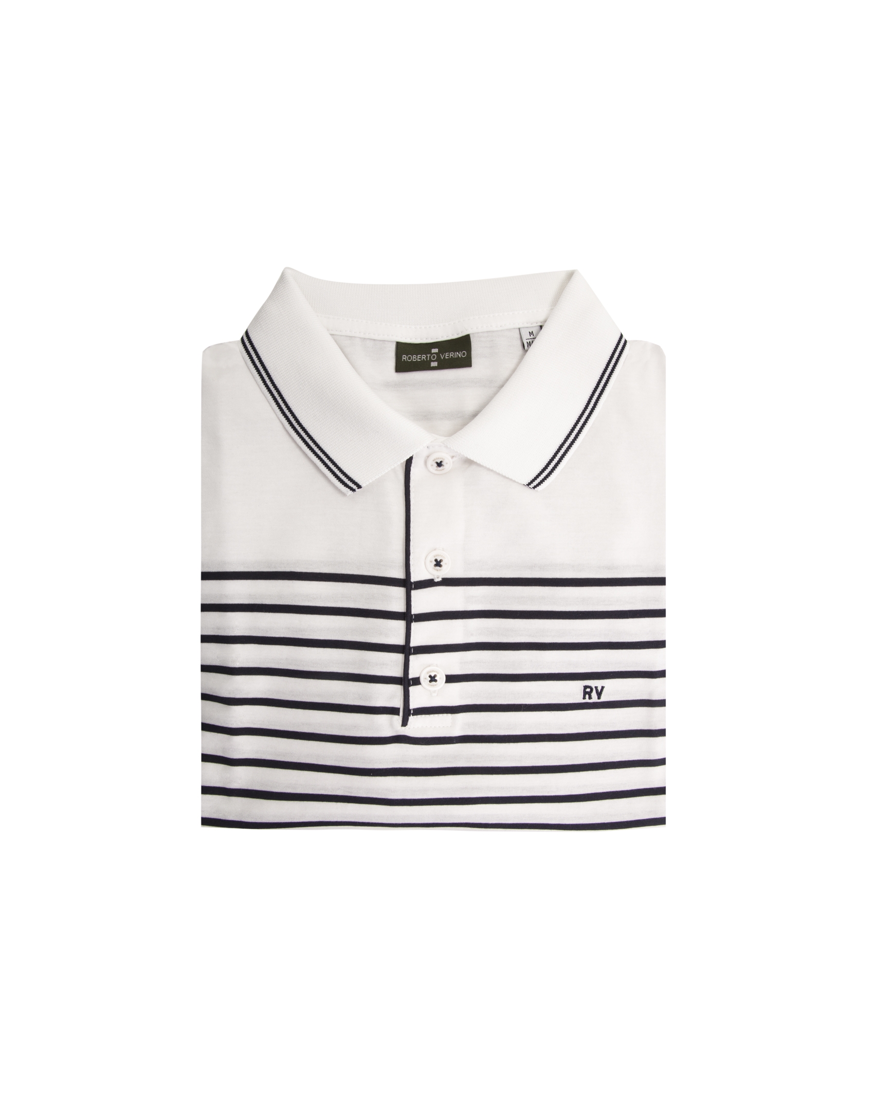 Navy blue and white striped polo shirt