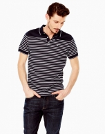 White and navy blue striped polo shirt