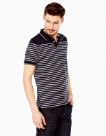 White and navy blue striped polo shirt