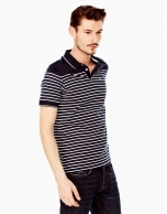 White and navy blue striped polo shirt