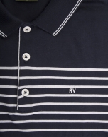 White and navy blue striped polo shirt