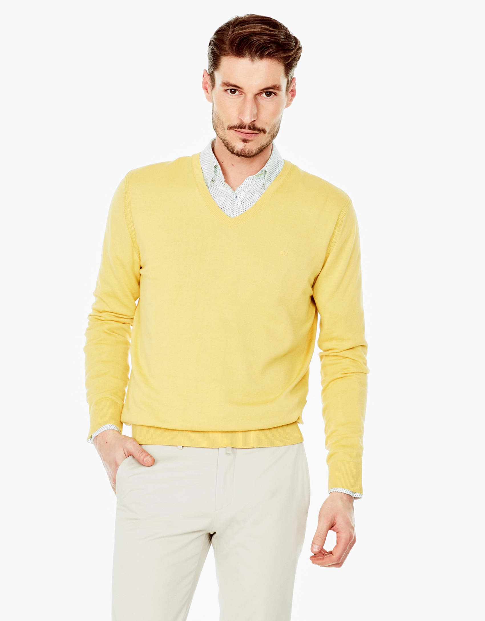 Yellow cotton V-neck sweater