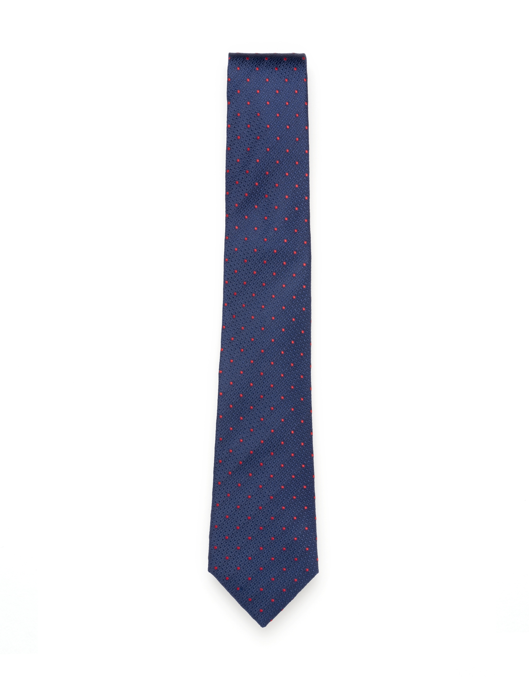 Navy blue and red polka dot tie