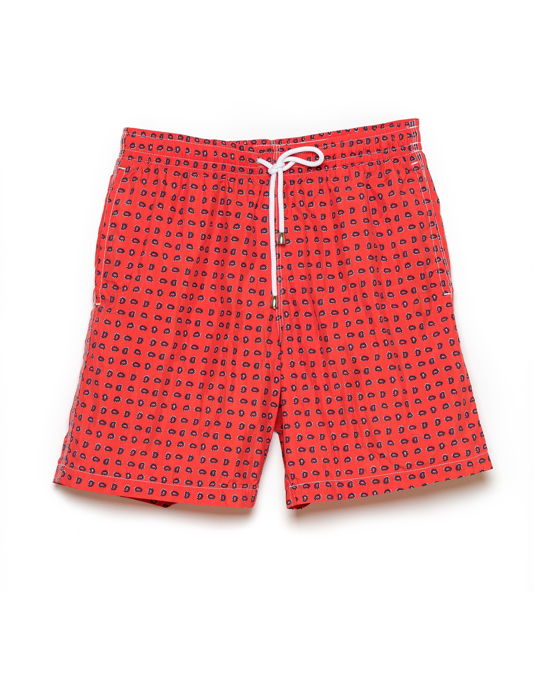 Red paisley print swim trunks