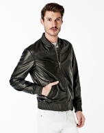 Black leather bomber jacket