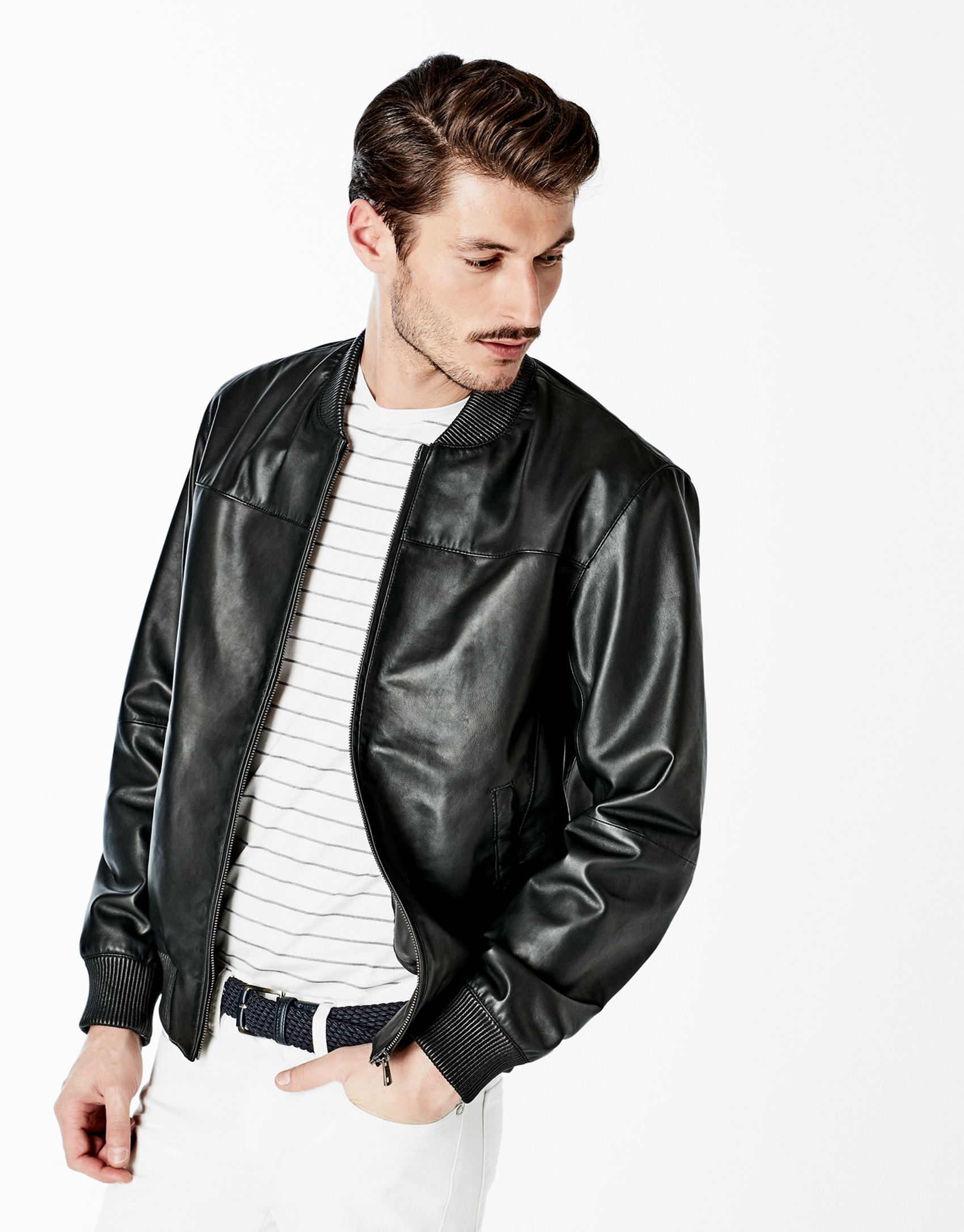 Black leather bomber jacket