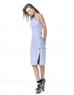 Blue and white striped asymmetric shirtwaist dress