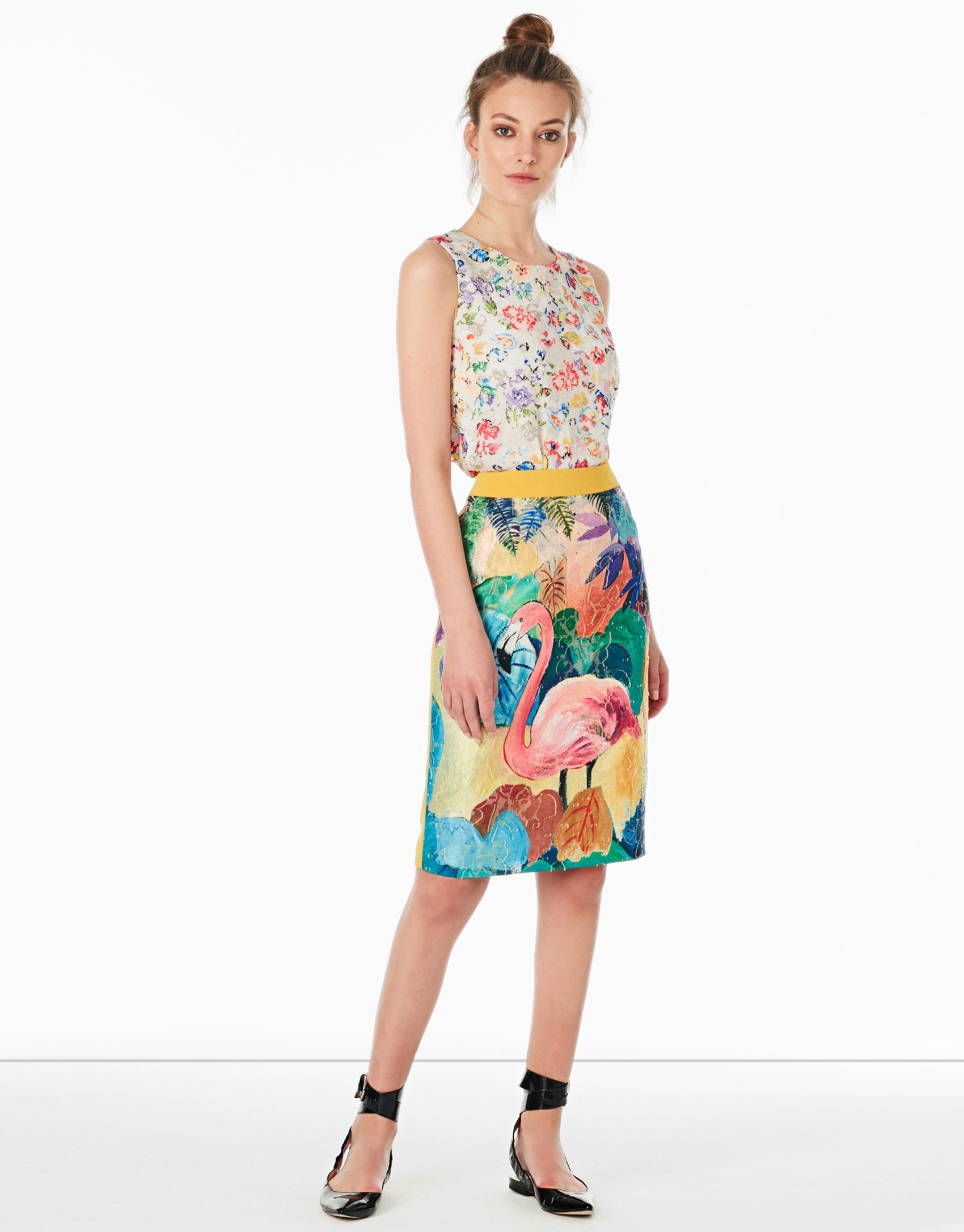 Flamingo print jacquard skirt