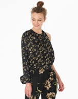 Black floral print asymmetric blouse