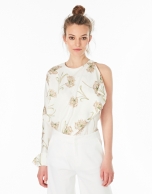 Beige floral print asymmetric blouse