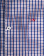 Blue and white checked shirt with red line