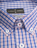 Blue and white checked shirt with red line