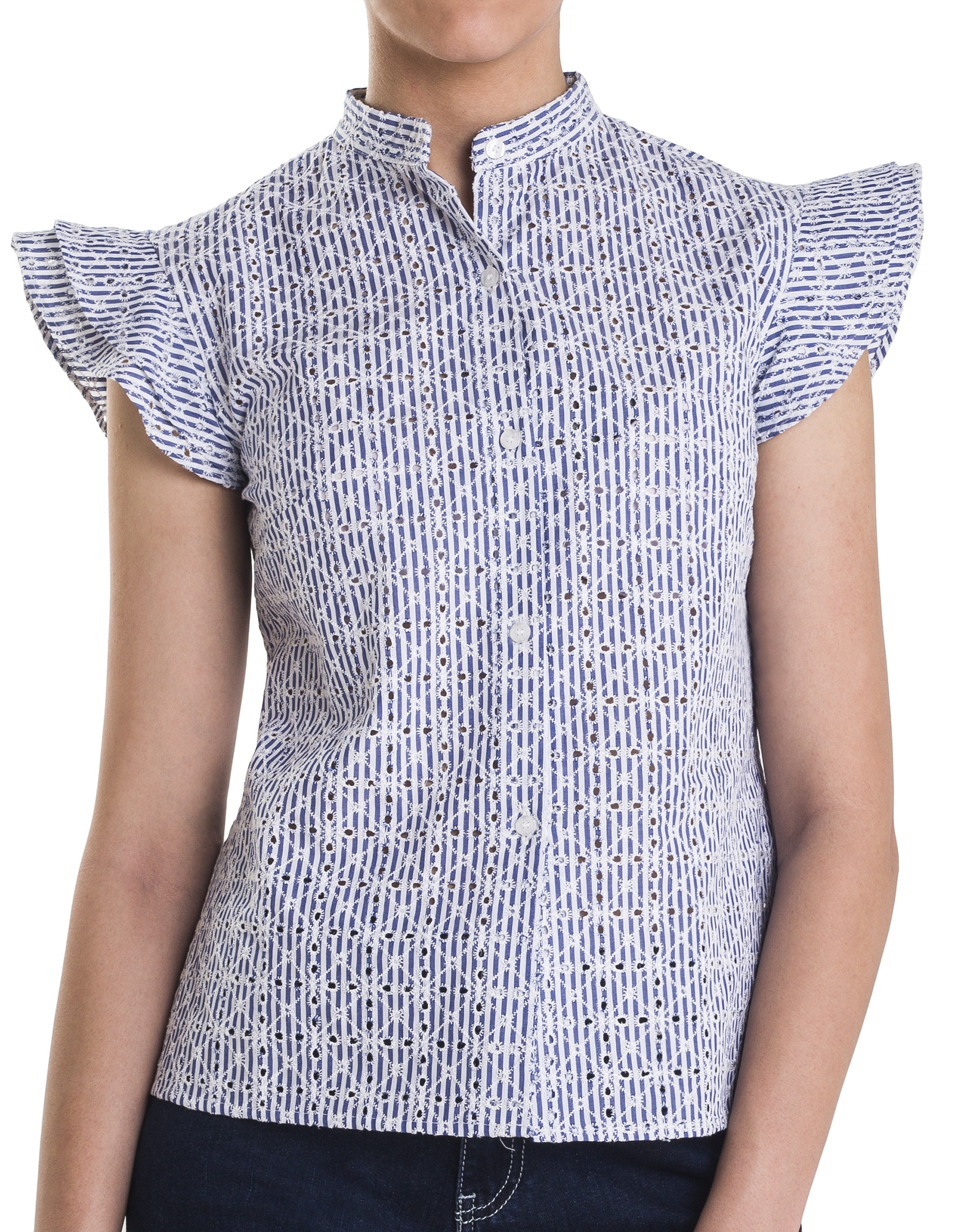 Blue embroidered shirt with flounces