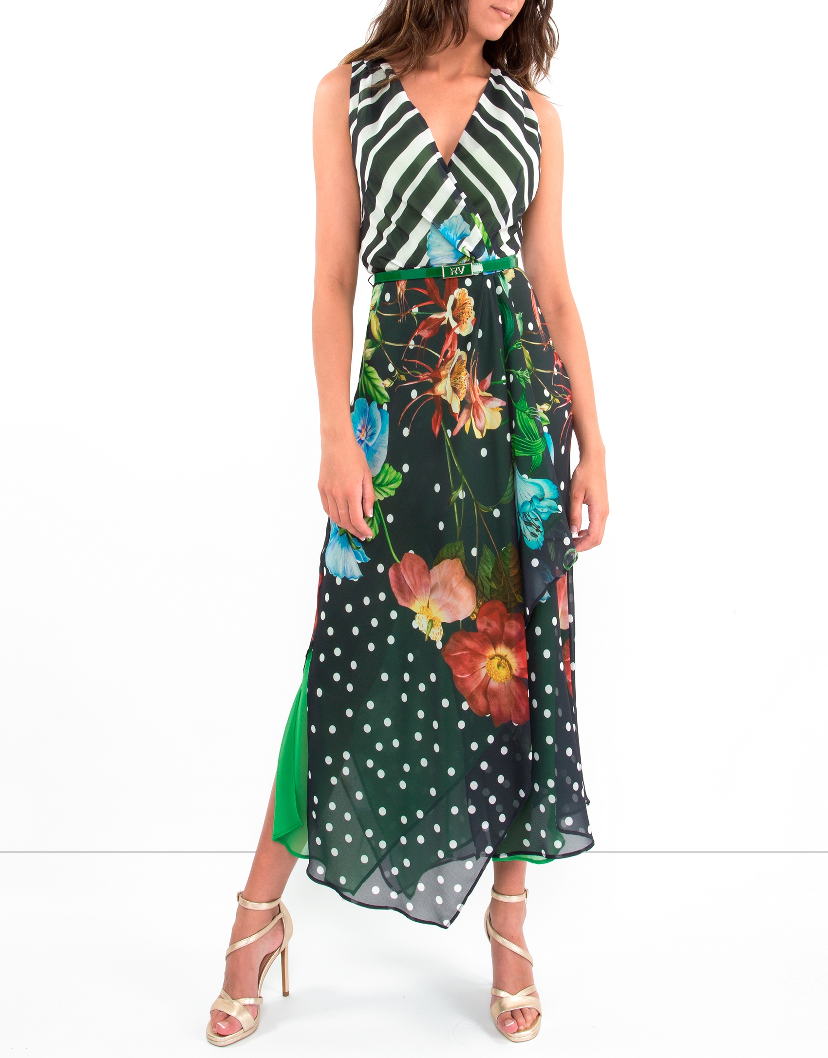 Striped dress with floral design and green lining