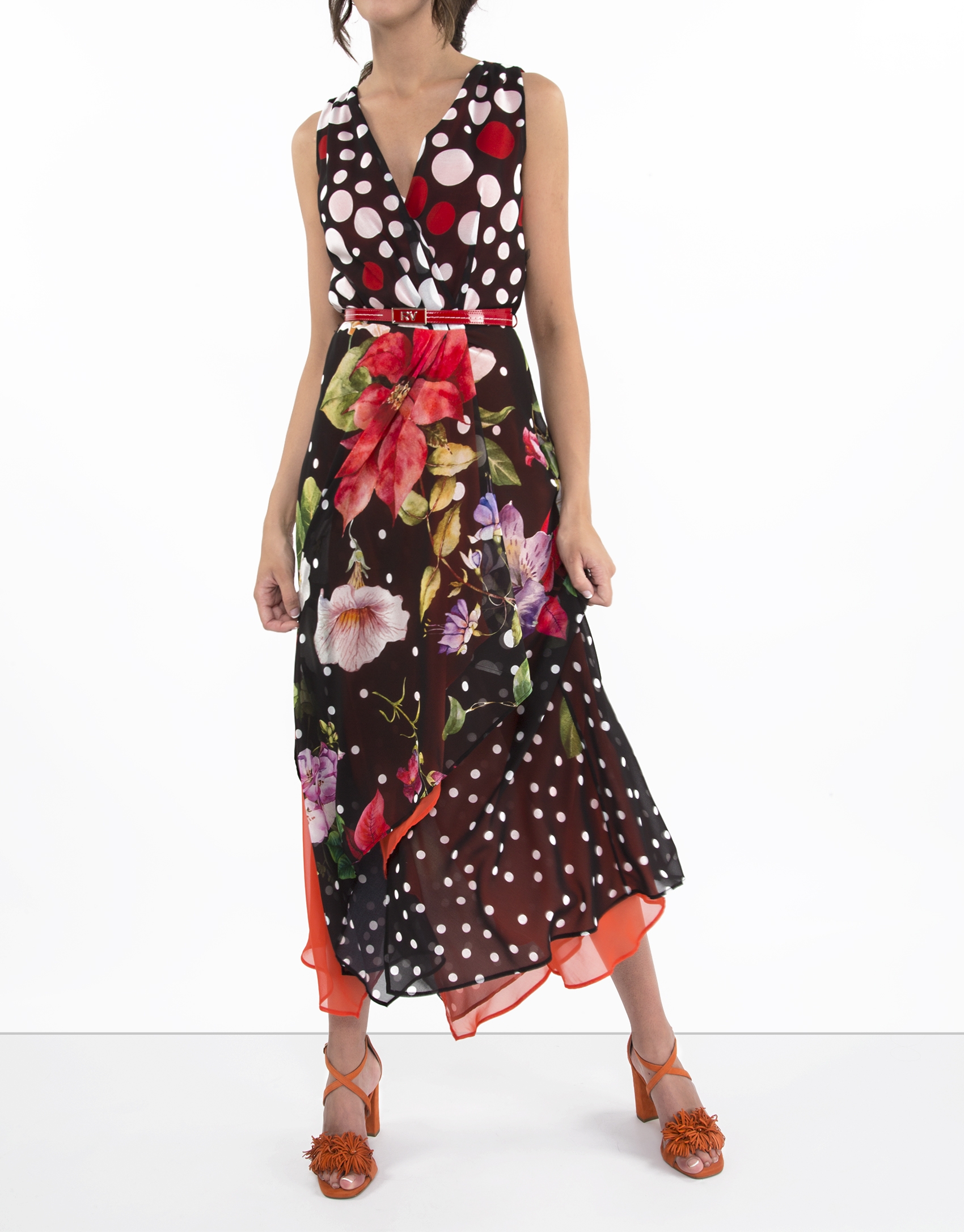 Dress with polka dots and flowers and coral lining