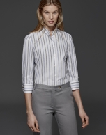 Gray and blue striped blouse with Mao collar