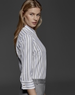 Gray and blue striped blouse with Mao collar