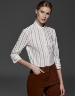 Gray and orange striped blouse with Mao collar