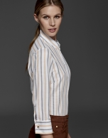 Gray and orange striped blouse with Mao collar