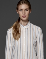 Gray and orange striped blouse with Mao collar