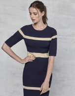 Navy blue and gold striped knit dress