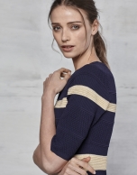 Navy blue and gold striped knit dress