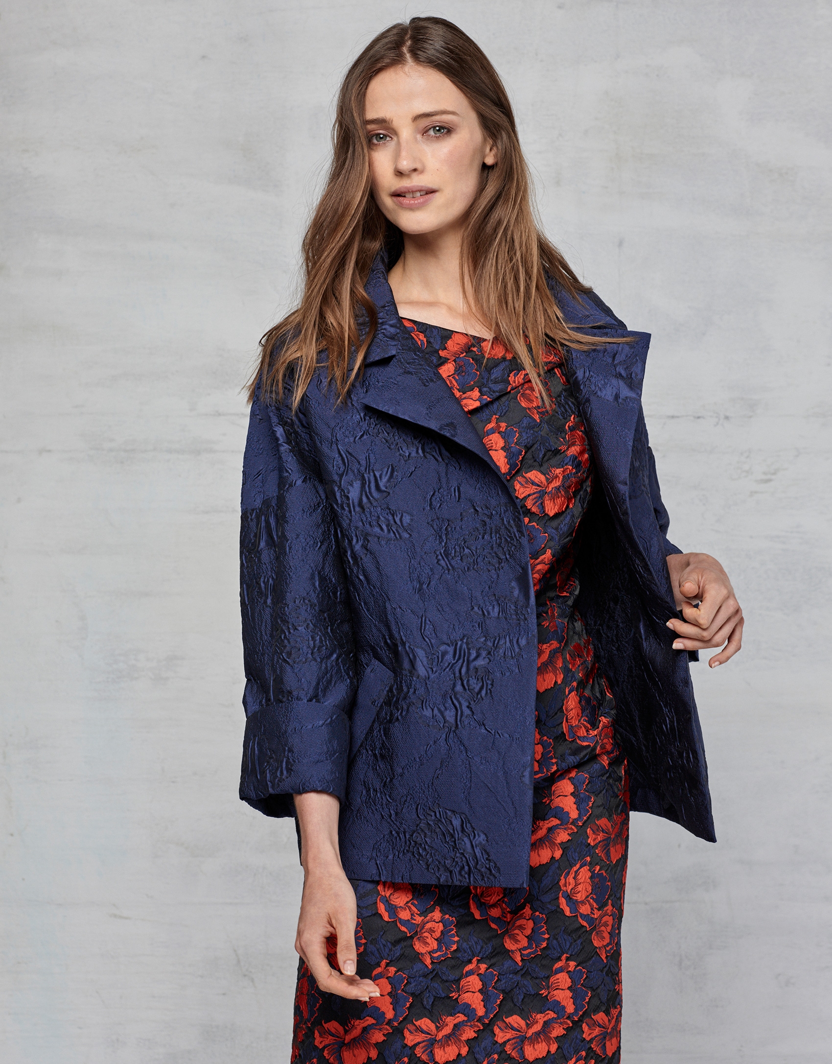 Midnight blue jacquard dressy three-quarter jacket