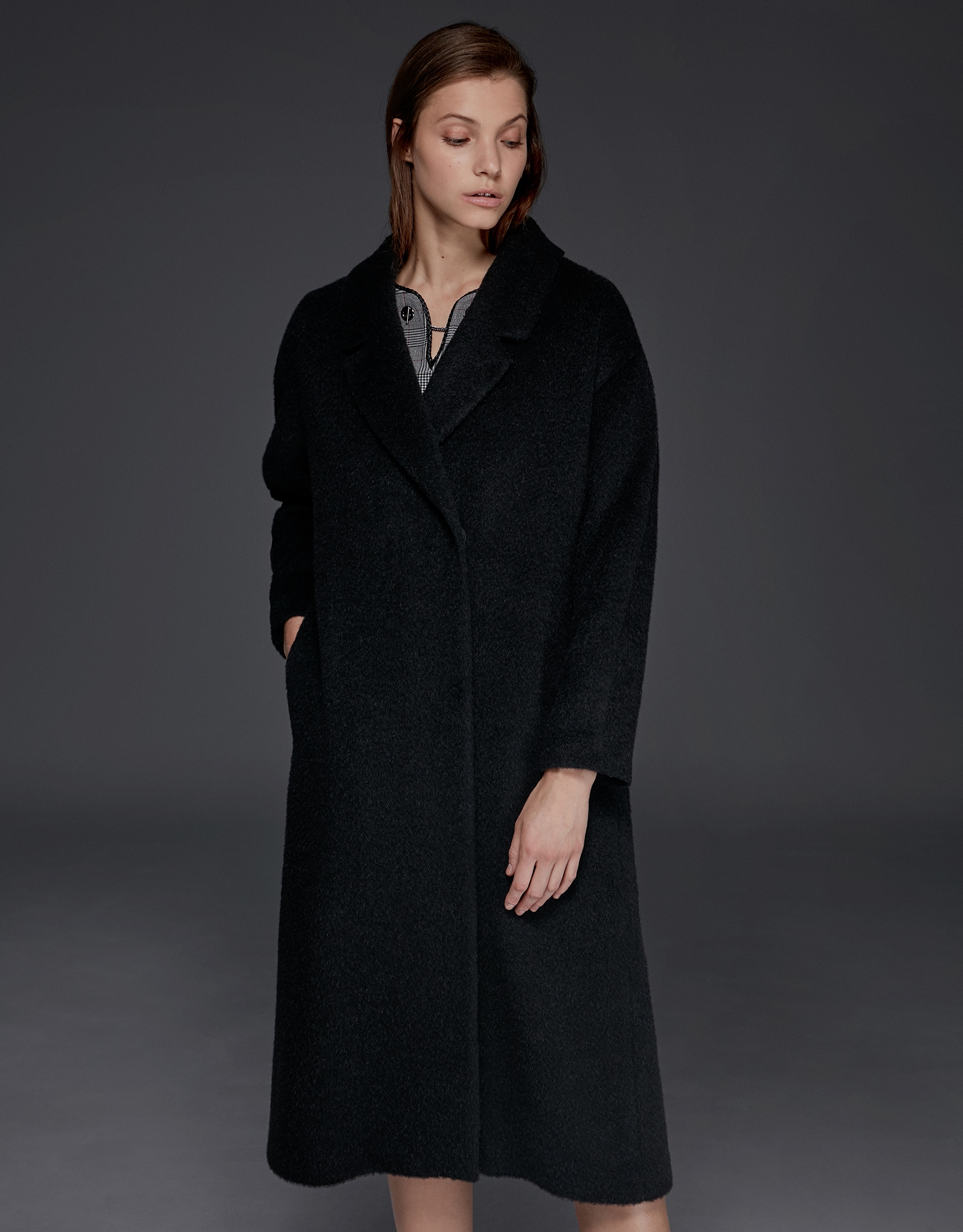 Black mohair, alpaca and wool coat