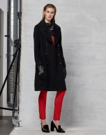 Black wool and angora double-breasted coat with belt