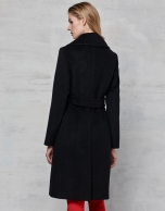 Black wool and angora double-breasted coat with belt