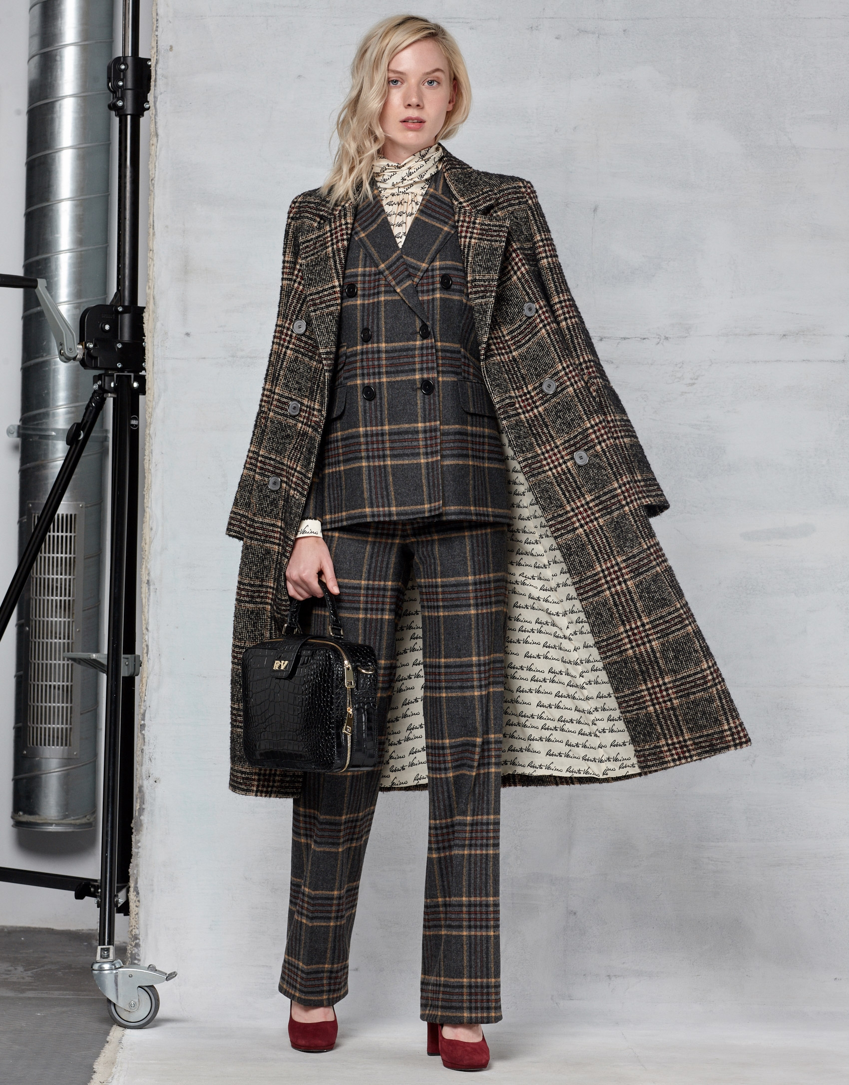 Long brown glen plaid coat