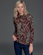 Maroon print turtle neck shirt with cowl neck 