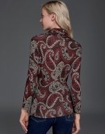 Maroon print turtle neck shirt with cowl neck 