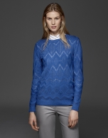 Blue diamond print openwork knit top