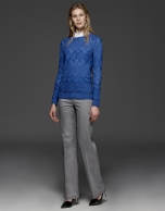 Blue diamond print openwork knit top