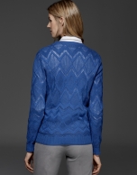 Blue diamond print openwork knit top