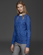 Blue diamond print openwork knit top