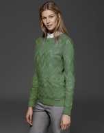 Green diamond print openwork knit top