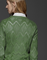 Green diamond print openwork knit top